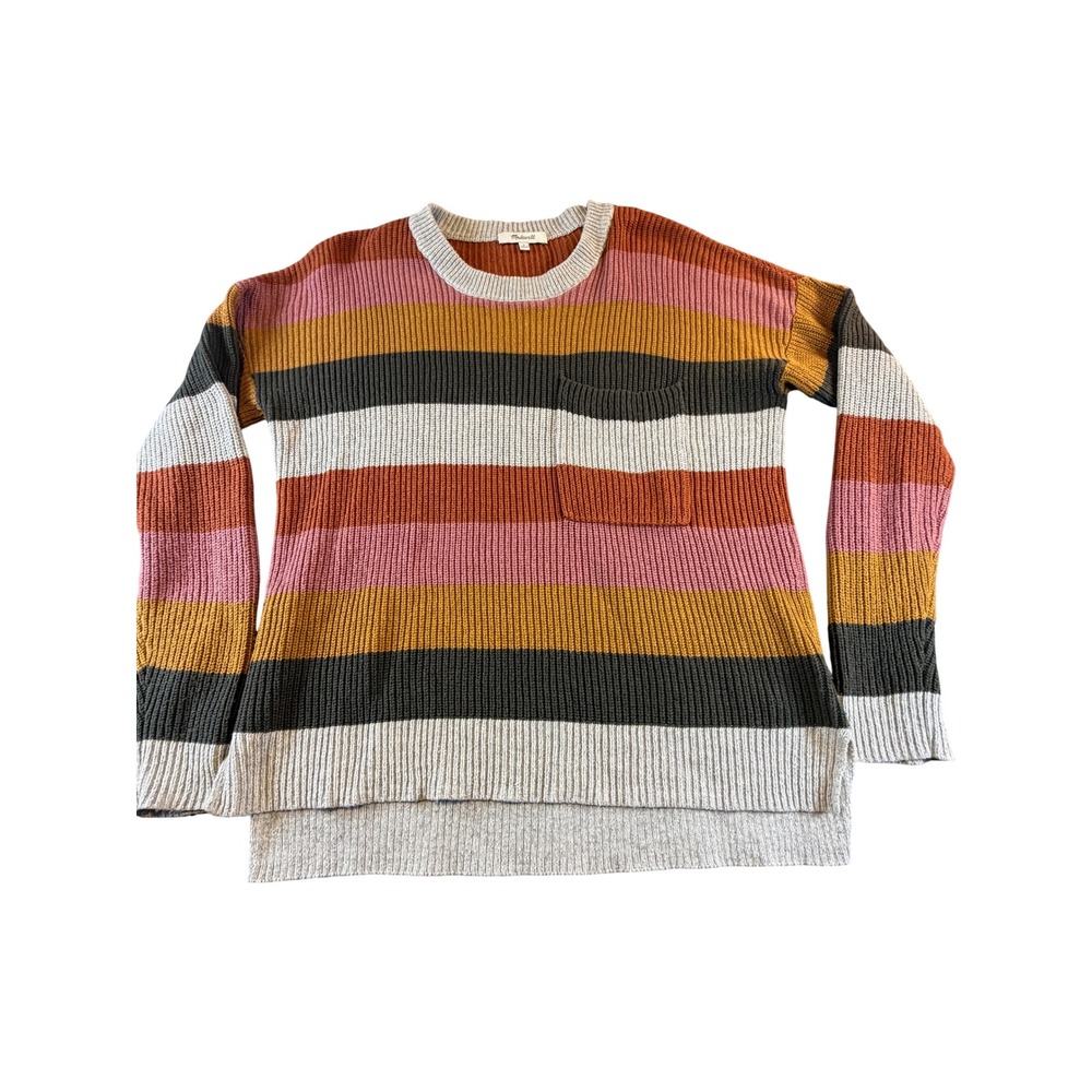 Madewell Striped Crewneck Sweater Small Multi Color Ribbed Knit Pocket High Low